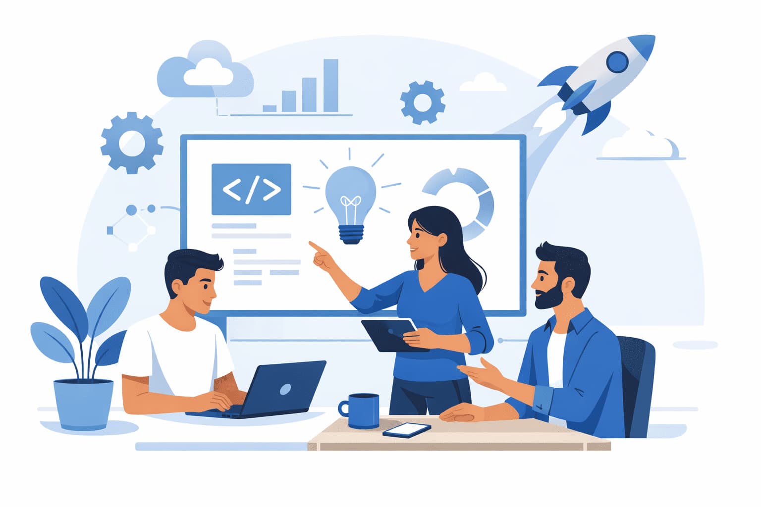 Três pessoas trabalhando em um projeto